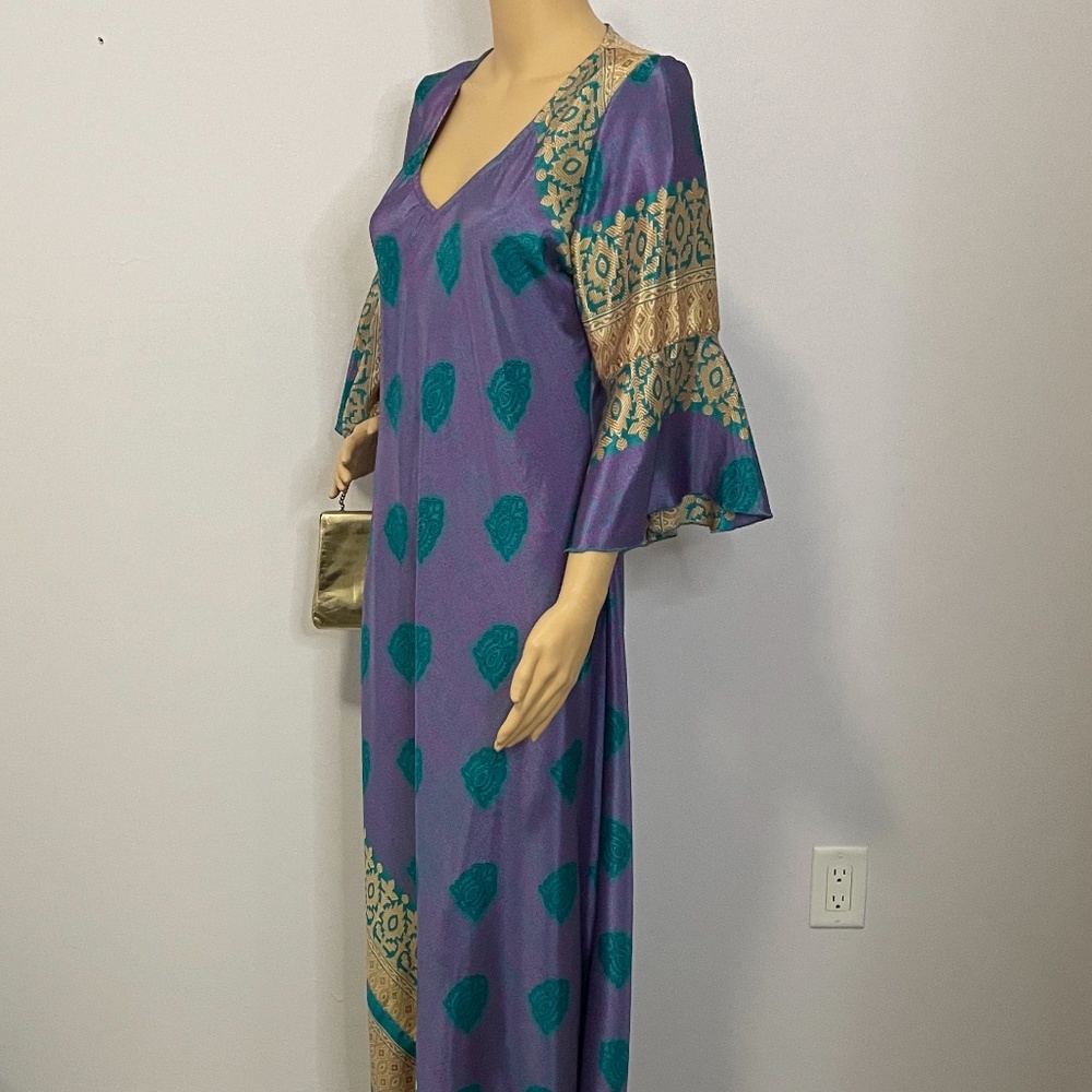 Vintage handmade silk kaftan floor length chic eastern inspire bell sleeve dress